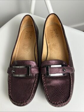 Naturalizer Plum Metallic Snake Embossed Leather Driving Loafers Bit Flats 7.5